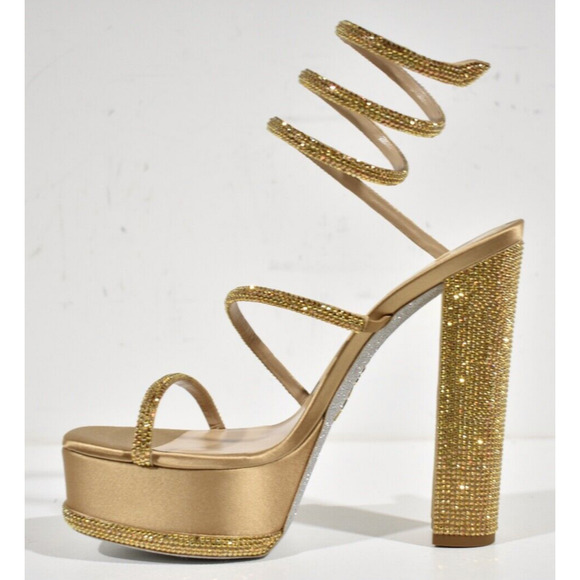 Rene Caovilla Cleo Gold Platform Crystal Wrap Strap Sandal Block Heel Pump 39.5 - Picture 8 of 12